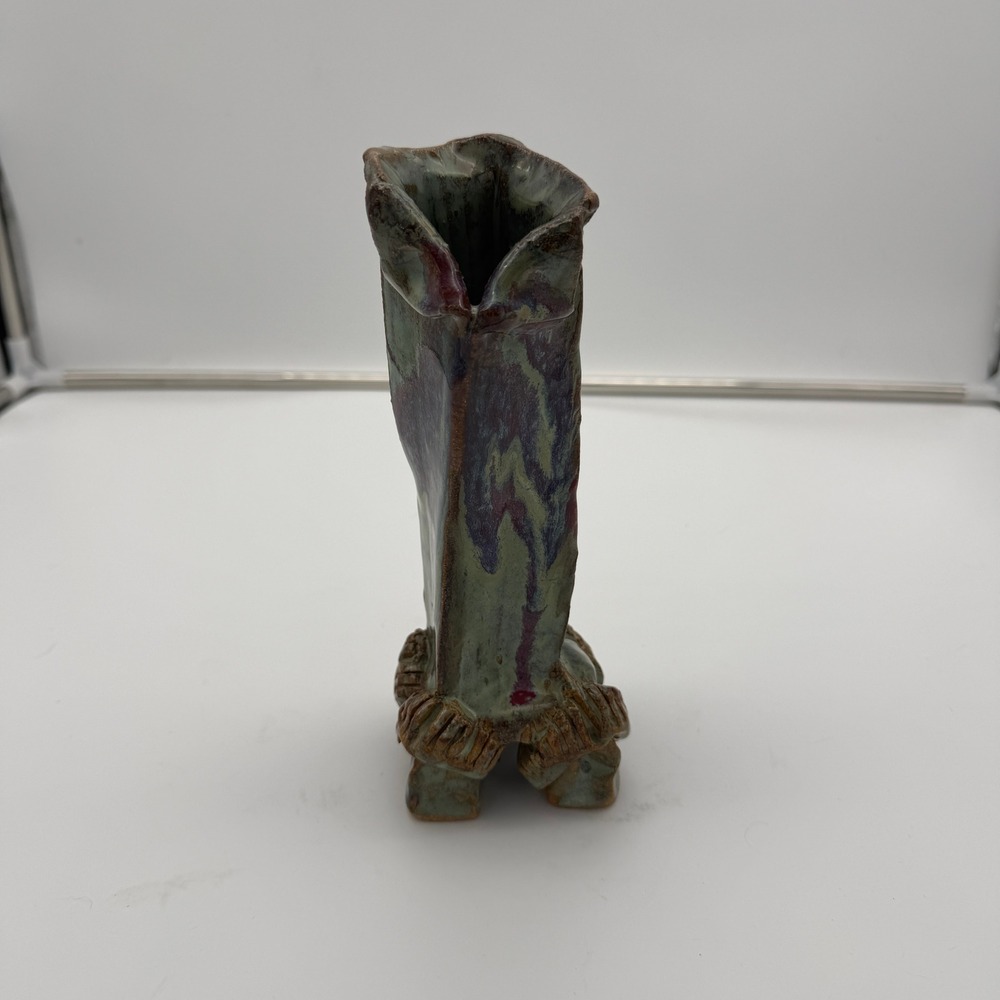 Studio Pottery Brutalist Bud Vase Handcrafted Multi Footed Green Purple Glaze